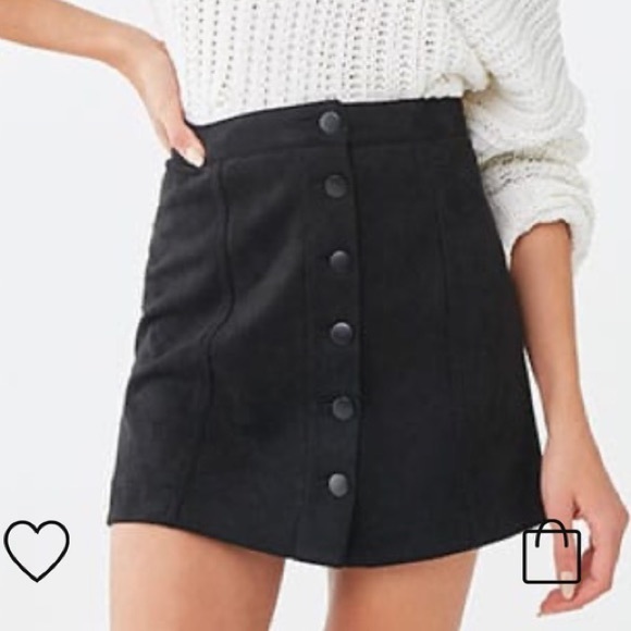 Forever 21 Stretch Suede-Look Button Front Mini A-line Mini Skirt in Black